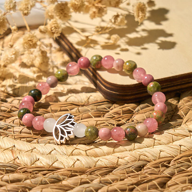 Braccialetto di guarigione con perle di rodonite e unakite, Buddha Stones e loto - Image 3