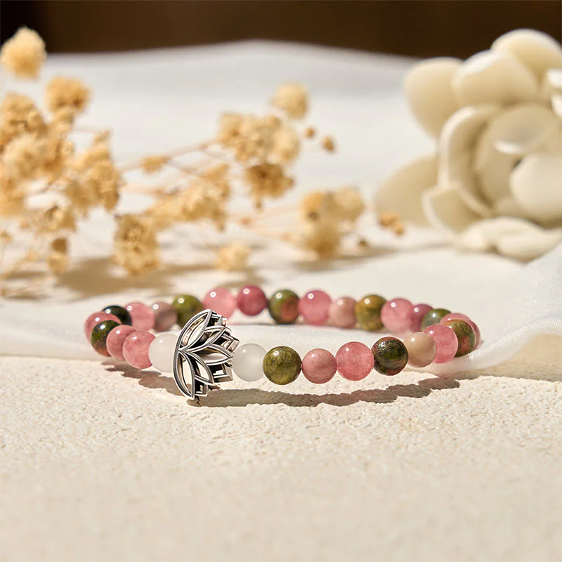 Braccialetto di guarigione con perle di rodonite e unakite, Buddha Stones e loto - Image 5