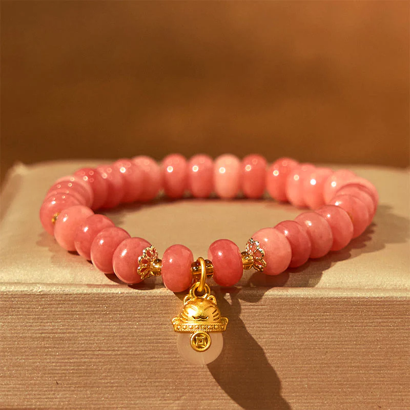 Braccialetto di guarigione con perline di gatto fortunato , Buddha Stones, quarzo fragola, giada ciano