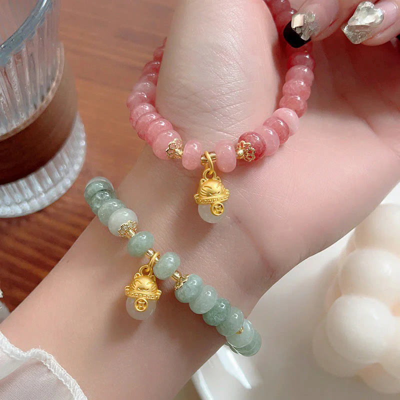 Braccialetto di guarigione con perline di gatto fortunato , Buddha Stones, quarzo fragola, giada ciano - Image 19