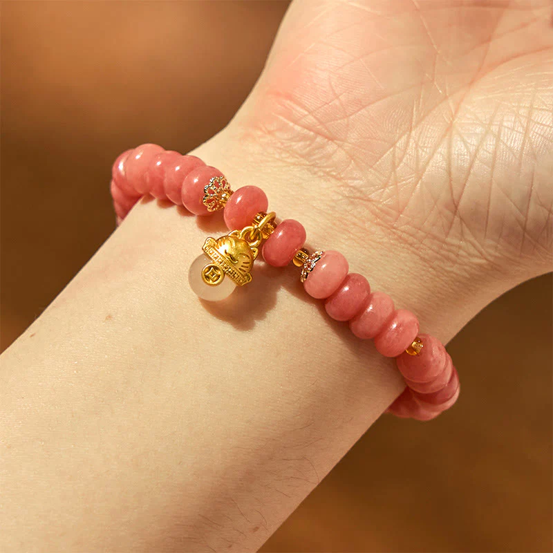 Braccialetto di guarigione con perline di gatto fortunato , Buddha Stones, quarzo fragola, giada ciano - Image 6