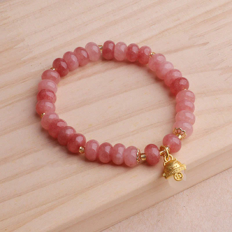 Braccialetto di guarigione con perline di gatto fortunato , Buddha Stones, quarzo fragola, giada ciano - Image 7