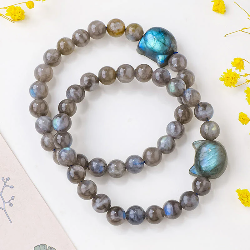 Braccialetto di guarigione con testa di gatto carino in labradorite naturale Buddha Stones - Image 7