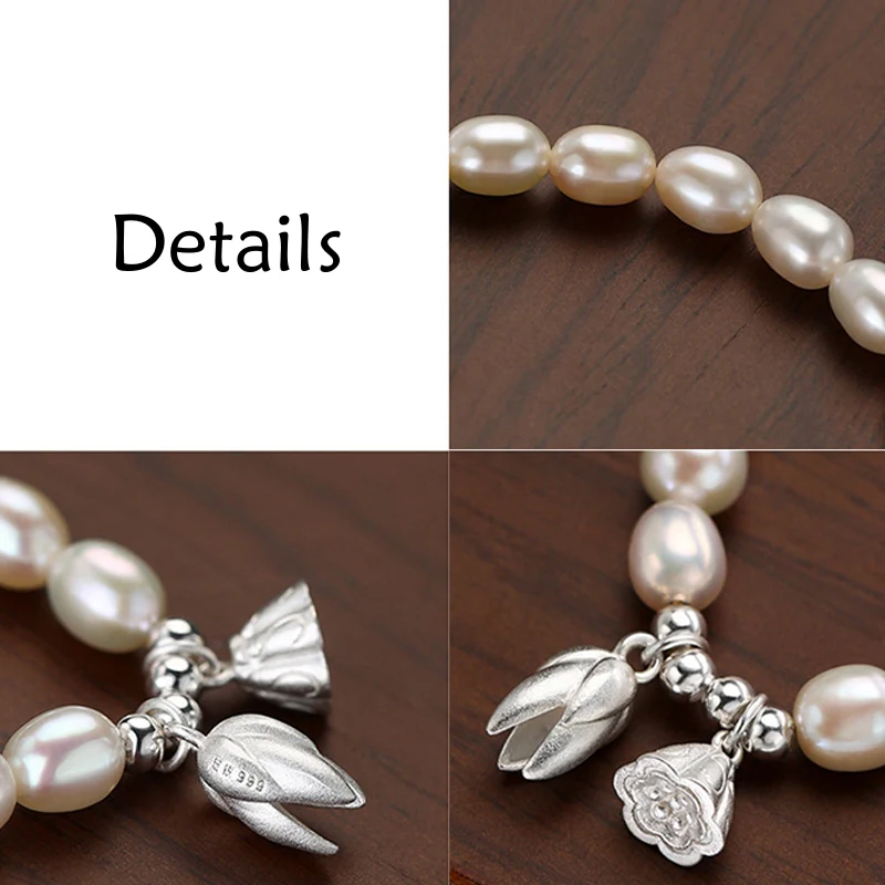 Braccialetto di guarigione in perle naturali con baccello di fiore di loto in argento sterling 999 Buddha Stones - Image 8
