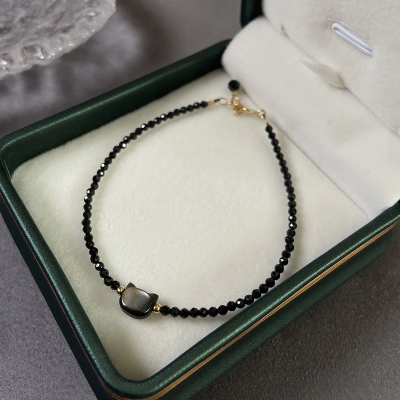 Braccialetto di guarigione in pietra di Tridacna con gatto carino, cristallo bianco, spinello nero placcato in oro 14K , Buddha Stones - Image 2