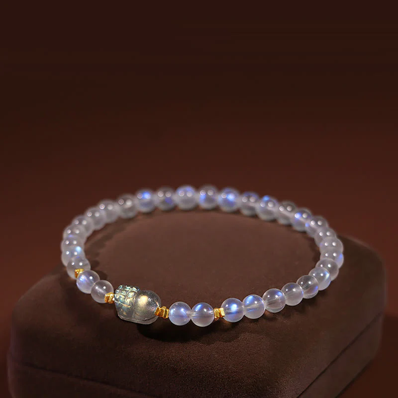 Braccialetto di guarigione PiXiu in pietra di luna naturale placcato oro in argento sterling 925 Buddha Stones