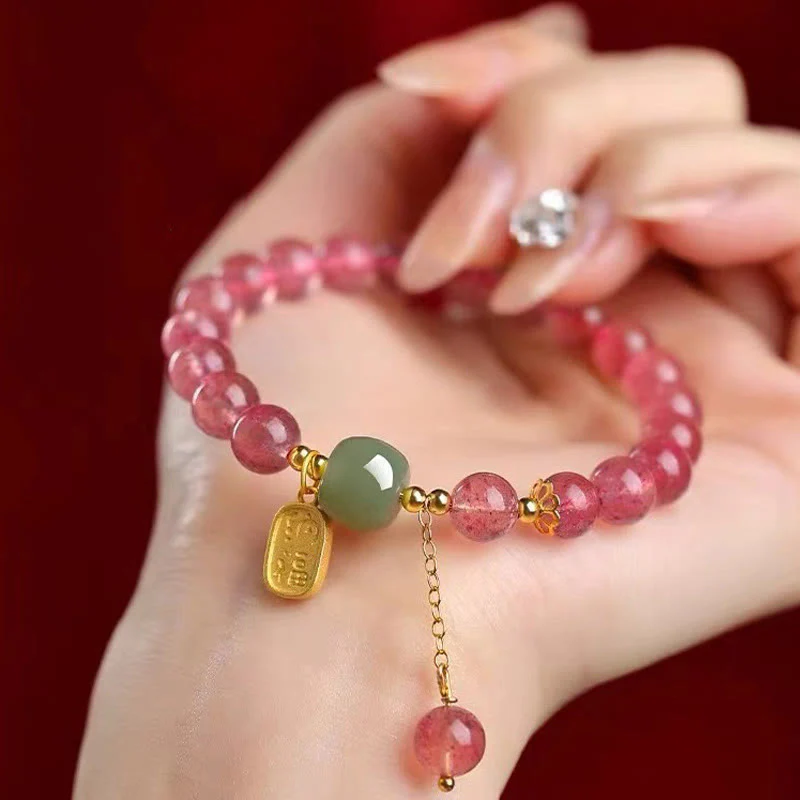 Braccialetto di guarigione positiva in giada con carattere Fu, quarzo fragola naturale Buddha Stones - Image 3