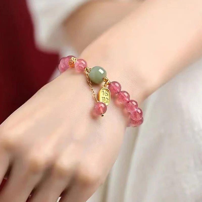 Braccialetto di guarigione positiva in giada con carattere Fu, quarzo fragola naturale Buddha Stones - Image 4