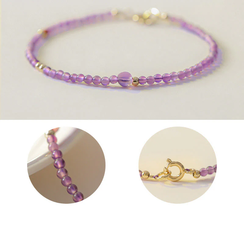 Braccialetto di meditazione per la pace interiore in rame placcato oro 14k con perline ultrasottili da 2 mm Buddha Stones Ametista naturale - Image 13