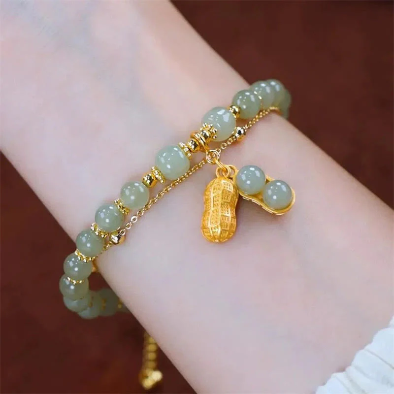 Braccialetto di perline con carattere Fu , Buddha Stones di giada, foglia di ginkgo, tulipano, arachidi e fortuna - Image 16