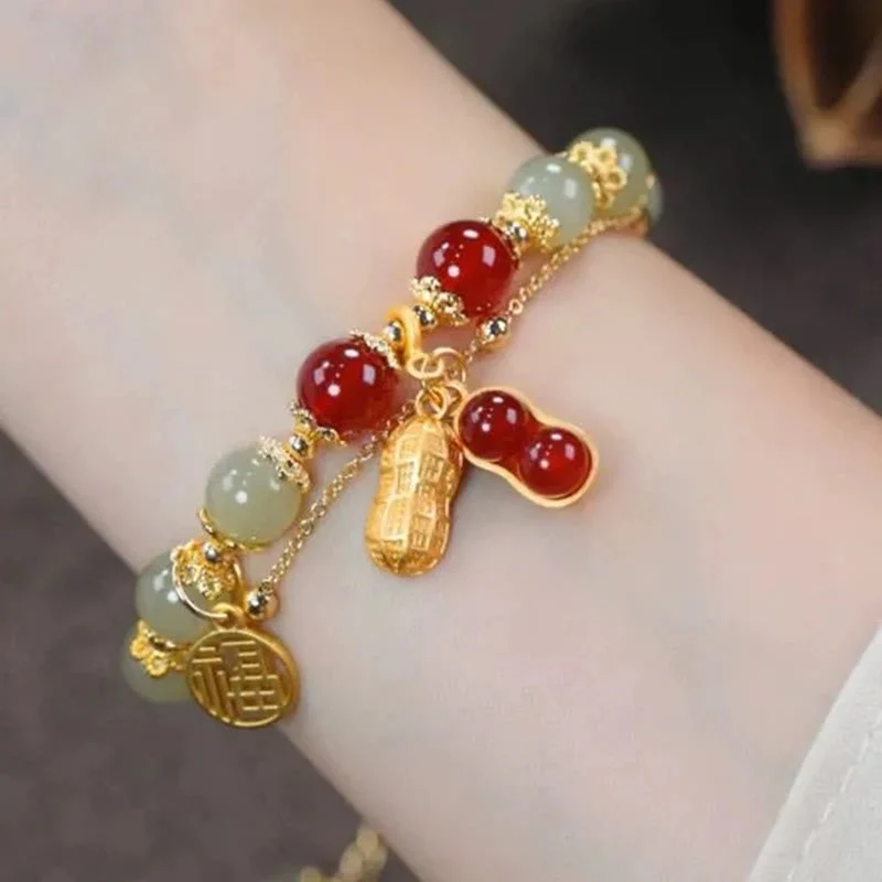 Braccialetto di perline con carattere Fu , Buddha Stones di giada, foglia di ginkgo, tulipano, arachidi e fortuna - Image 18