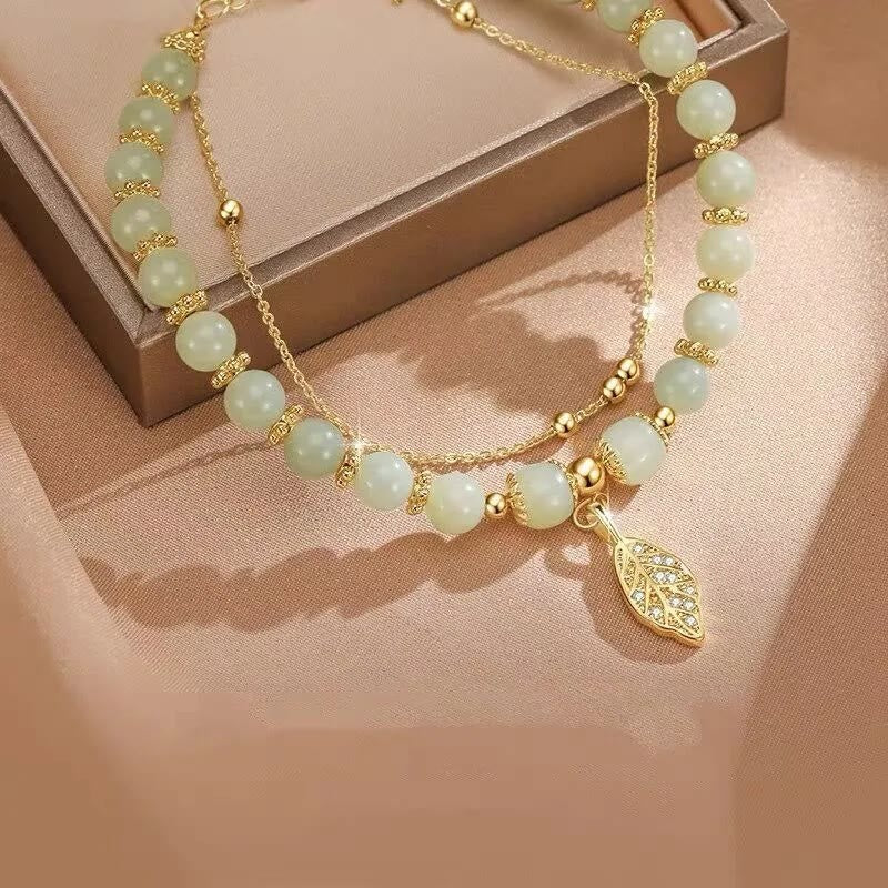 Braccialetto di perline con carattere Fu , Buddha Stones di giada, foglia di ginkgo, tulipano, arachidi e fortuna - Image 4