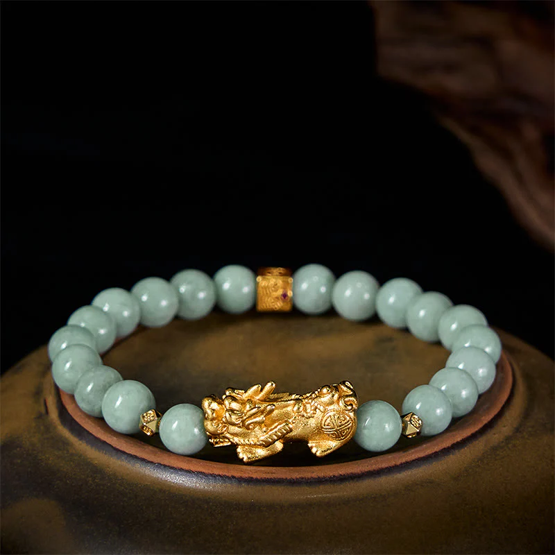 Braccialetto di perline di giada con ciondolo Pi Xiu dorato e Buddha Stones