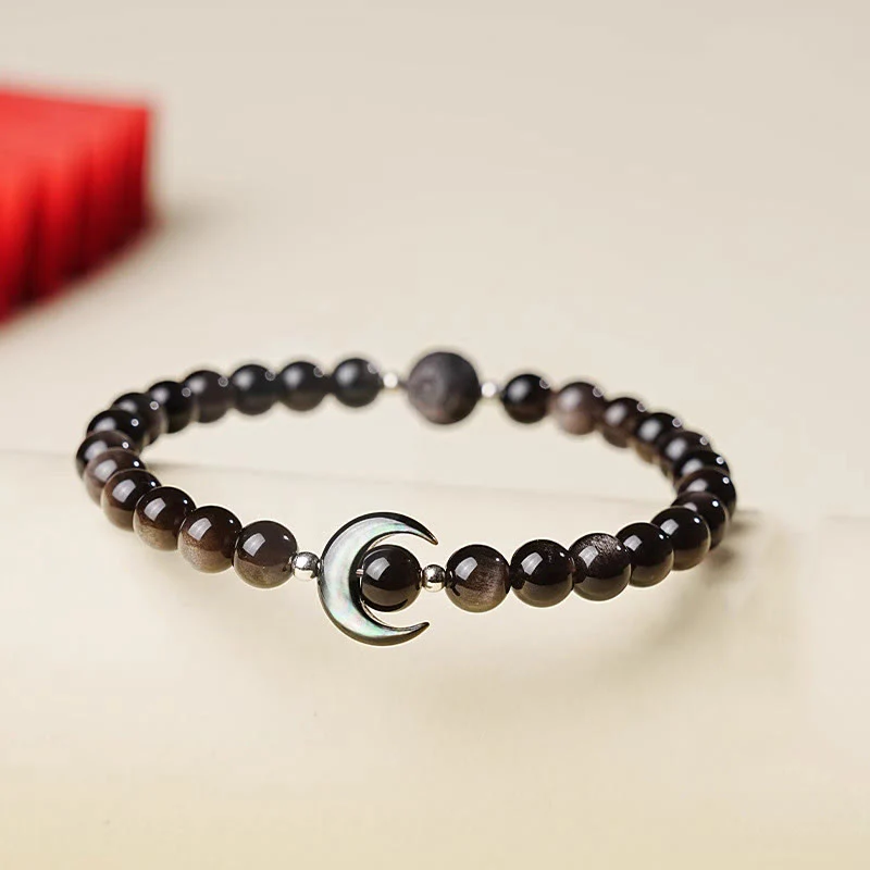 Braccialetto di perline di protezione in ossidiana lucida d'argento naturale con design a luna Buddha Stones