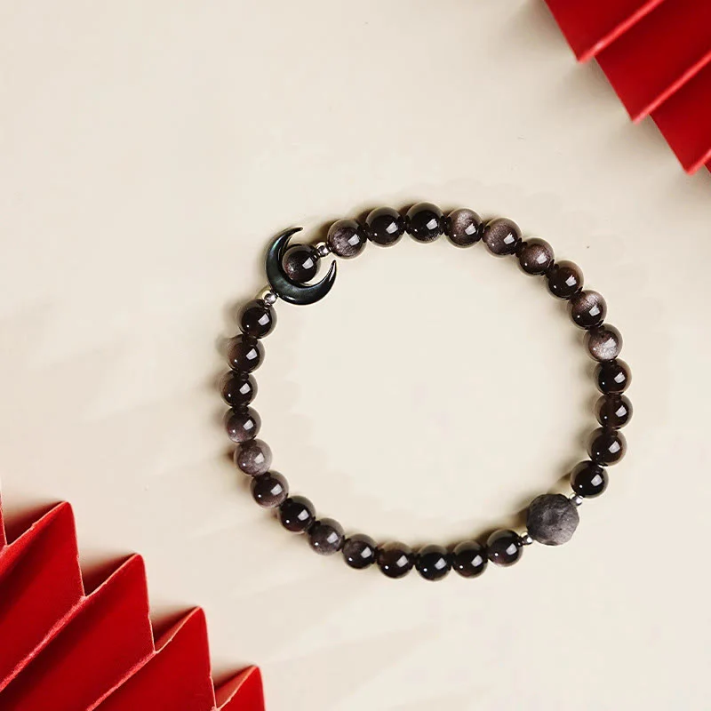 Braccialetto di perline di protezione in ossidiana lucida d'argento naturale con design a luna Buddha Stones - Image 3