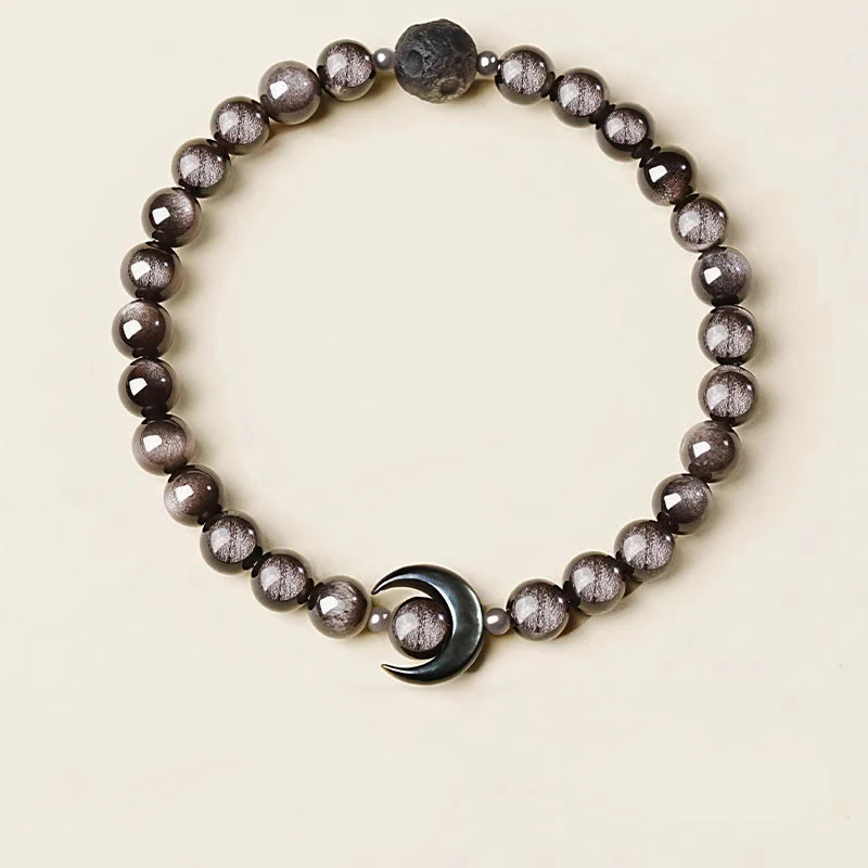 Braccialetto di perline di protezione in ossidiana lucida d'argento naturale con design a luna Buddha Stones - Image 4