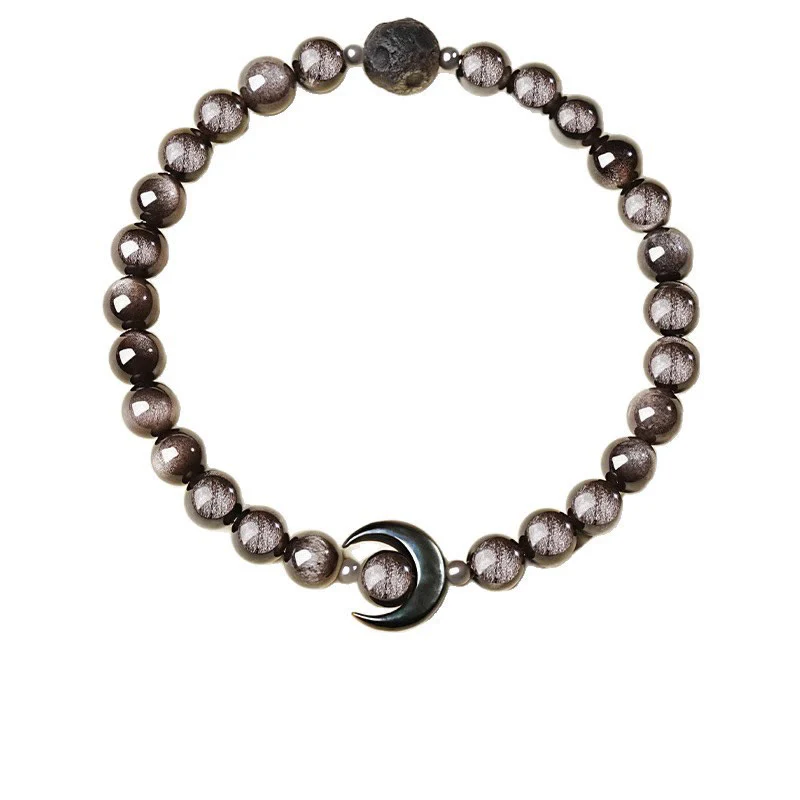 Braccialetto di perline di protezione in ossidiana lucida d'argento naturale con design a luna Buddha Stones - Image 6