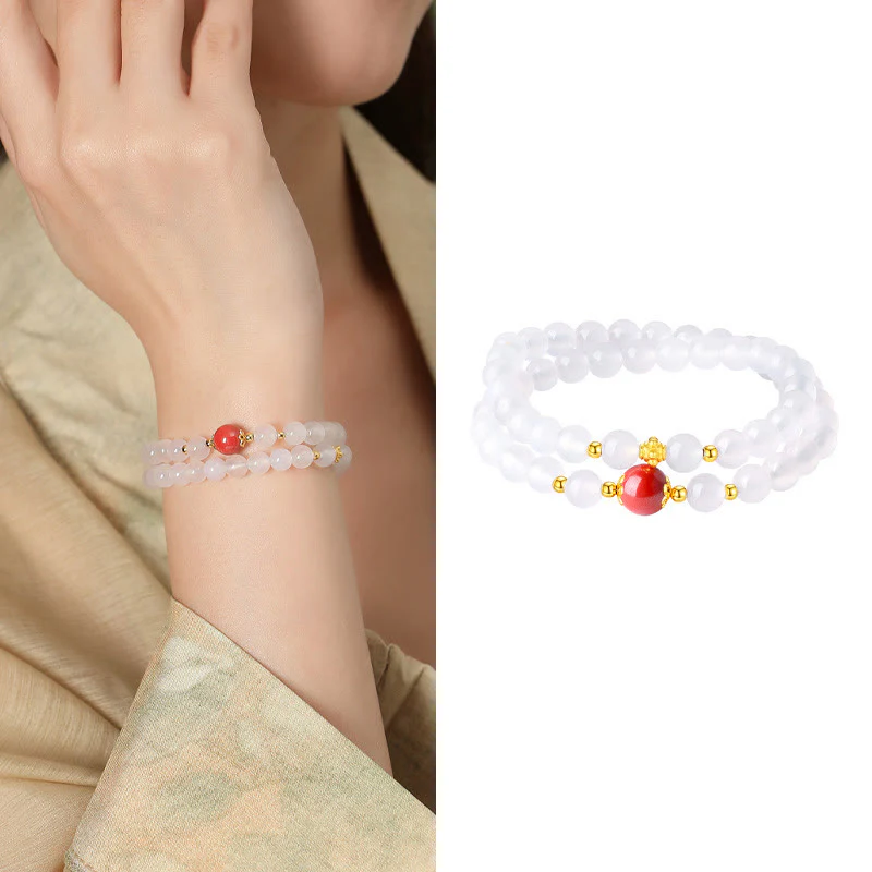 Braccialetto di protezione a doppio giro Buddha Stones in argento sterling 925 con agata bianca naturale e cinabro - Image 12