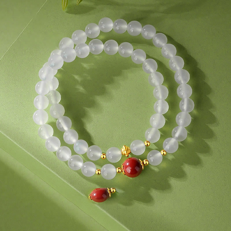 Braccialetto di protezione a doppio giro Buddha Stones in argento sterling 925 con agata bianca naturale e cinabro - Image 2