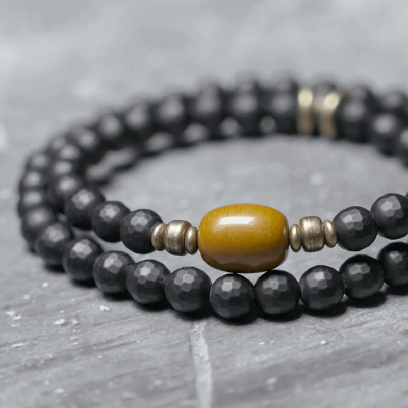 Braccialetto di protezione a doppio giro con perline di onice nero e topazio con superficie tagliata smerigliata Buddha Stones - Image 3