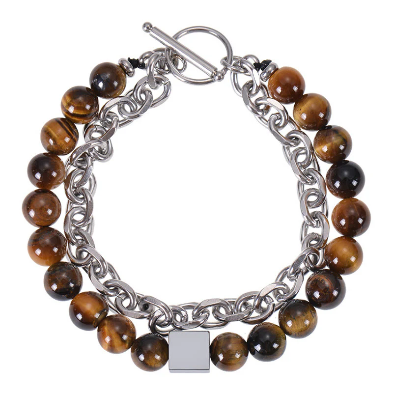 Braccialetto di protezione a doppio giro in acciaio al titanio con magnetite nera, occhio di tigre colorato e pietra smerigliata Buddha Stones - Image 2