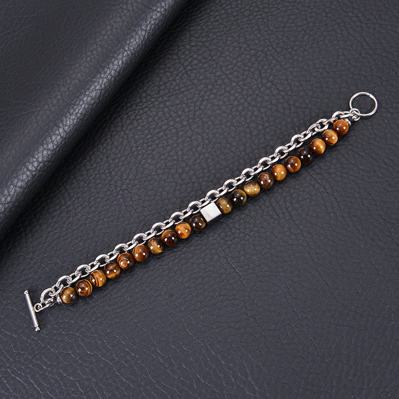 Braccialetto di protezione a doppio giro in acciaio al titanio con magnetite nera, occhio di tigre colorato e pietra smerigliata Buddha Stones - Image 3