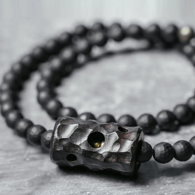 Braccialetto di protezione a doppio giro in onice nero ebano con superficie tagliata smerigliata Buddha Stones - Image 2