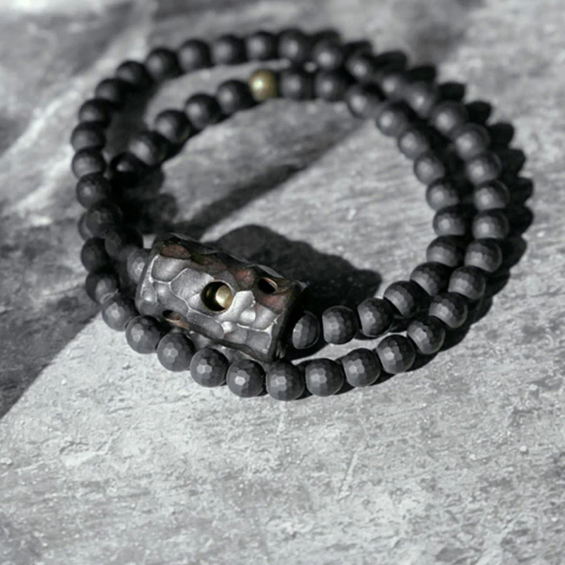 Braccialetto di protezione a doppio giro in onice nero ebano con superficie tagliata smerigliata Buddha Stones - Image 3