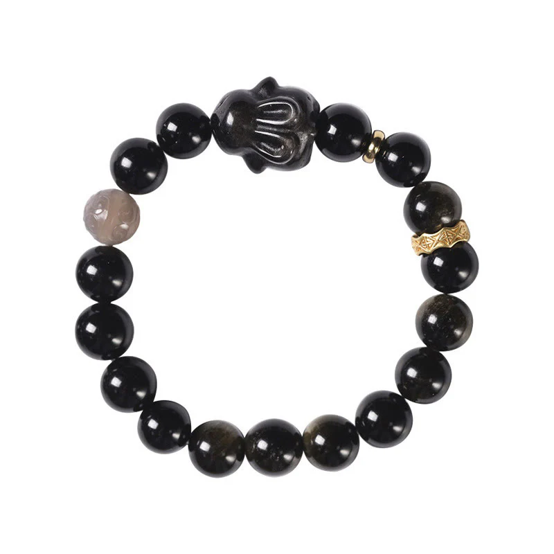 Braccialetto di protezione con coniglio carino , Buddha Stones, ossidiana lucida dorata, ossidiana nera, ossidiana lucida argentata - Image 14
