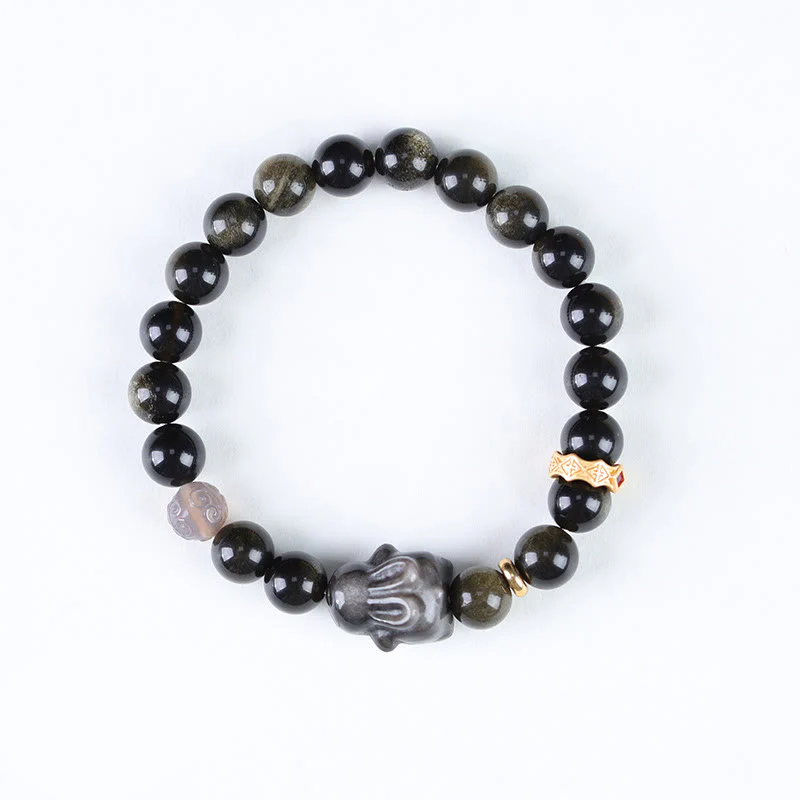 Braccialetto di protezione con coniglio carino , Buddha Stones, ossidiana lucida dorata, ossidiana nera, ossidiana lucida argentata - Image 3