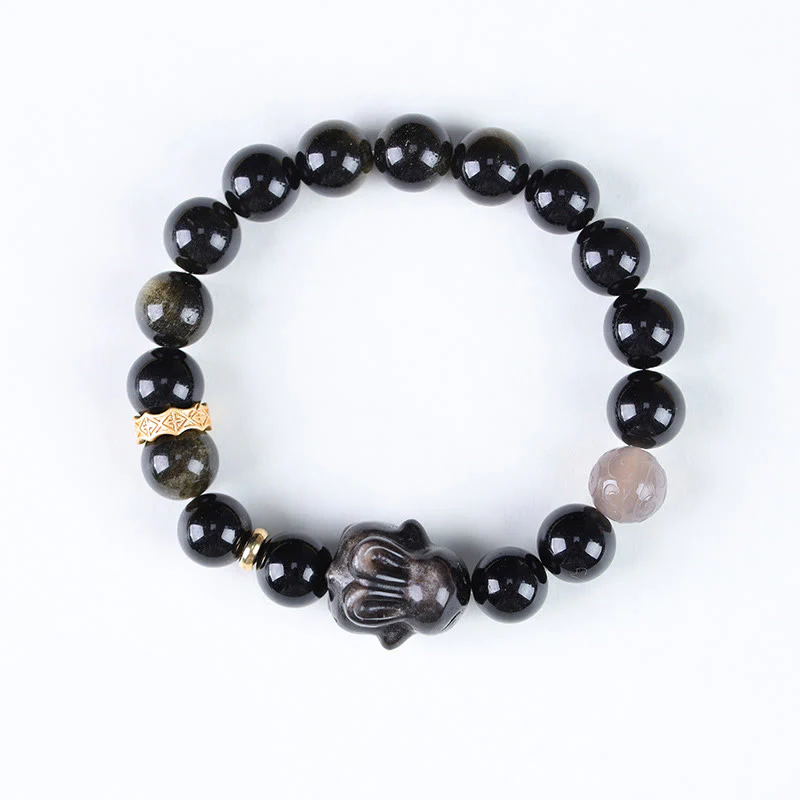 Braccialetto di protezione con coniglio carino , Buddha Stones, ossidiana lucida dorata, ossidiana nera, ossidiana lucida argentata - Image 7