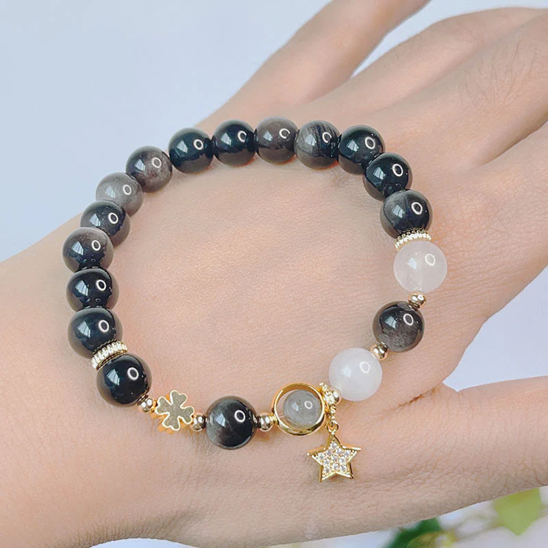 Braccialetto di protezione con cuore, stella e fiore in ossidiana naturale con Buddha Stones argento lucido - Image 10