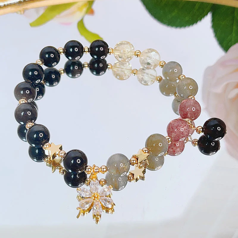 Braccialetto di protezione con cuore, stella e fiore in ossidiana naturale con Buddha Stones argento lucido - Image 11