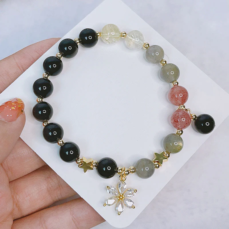 Braccialetto di protezione con cuore, stella e fiore in ossidiana naturale con Buddha Stones argento lucido - Image 12