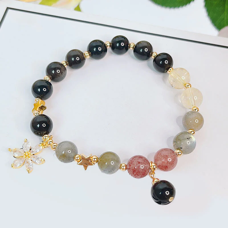 Braccialetto di protezione con cuore, stella e fiore in ossidiana naturale con Buddha Stones argento lucido - Image 13