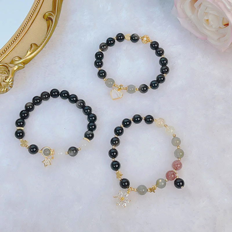 Braccialetto di protezione con cuore, stella e fiore in ossidiana naturale con Buddha Stones argento lucido - Image 16