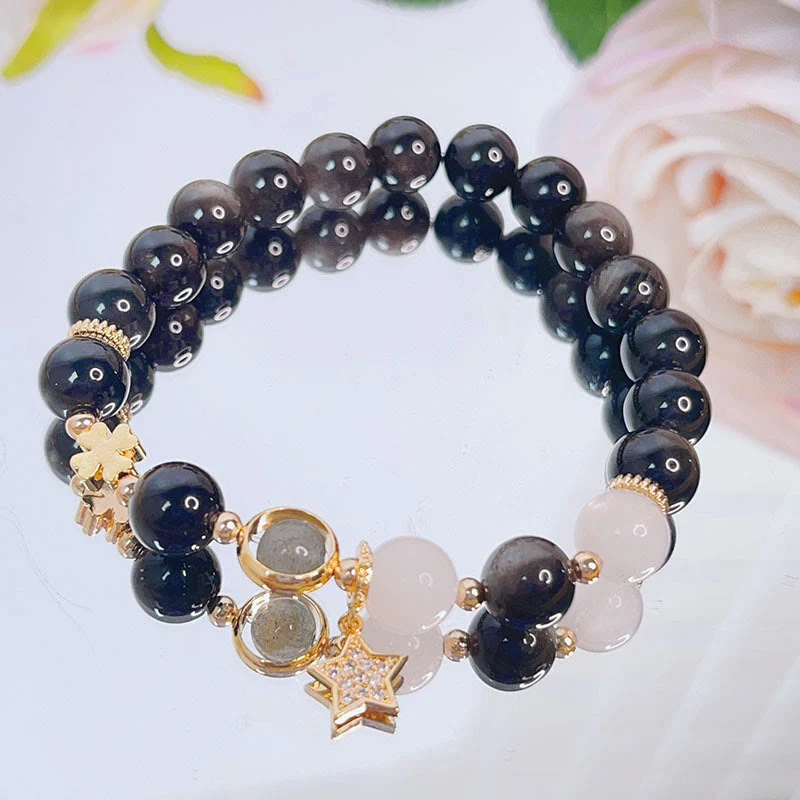 Braccialetto di protezione con cuore, stella e fiore in ossidiana naturale con Buddha Stones argento lucido - Image 6