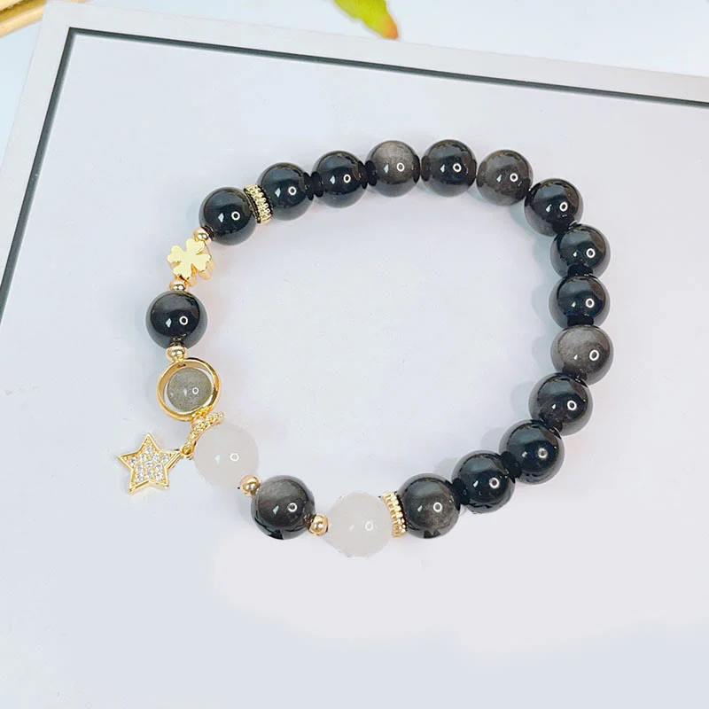 Braccialetto di protezione con cuore, stella e fiore in ossidiana naturale con Buddha Stones argento lucido - Image 8