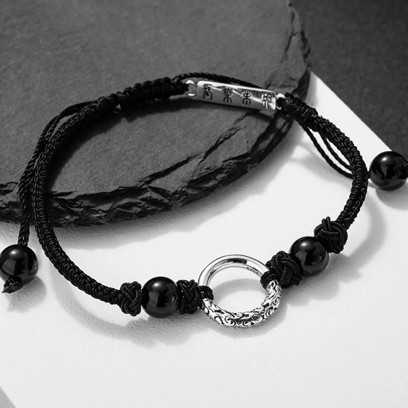 Braccialetto di protezione con fibbia della pace in onice nero in argento sterling 925 Buddha Stones - Image 2