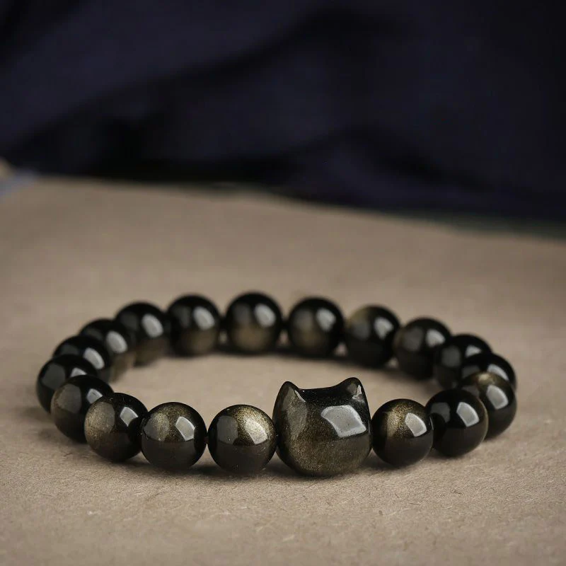 Braccialetto di protezione con gatto portafortuna e zampa adorabile , Buddha Stones, ossidiana lucida d'oro, ossidiana lucida d'argento
