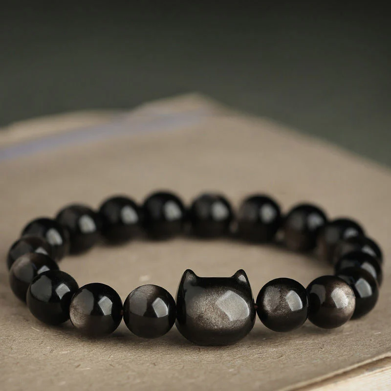Braccialetto di protezione con gatto portafortuna e zampa adorabile , Buddha Stones, ossidiana lucida d'oro, ossidiana lucida d'argento - Image 13