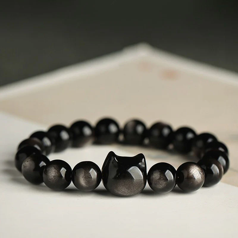 Braccialetto di protezione con gatto portafortuna e zampa adorabile , Buddha Stones, ossidiana lucida d'oro, ossidiana lucida d'argento - Image 14
