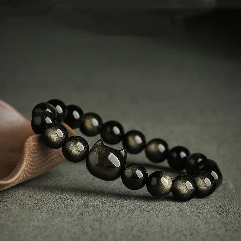 Braccialetto di protezione con gatto portafortuna e zampa adorabile , Buddha Stones, ossidiana lucida d'oro, ossidiana lucida d'argento - Image 5