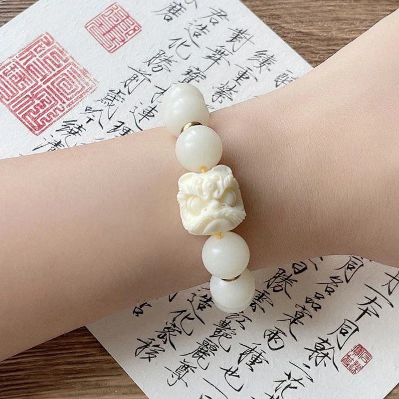 Braccialetto di protezione con leone danzante , Buddha Stones di avorio, seme di Bodhi, pietre di Buddha, argento lucido e ossidiana - Image 14