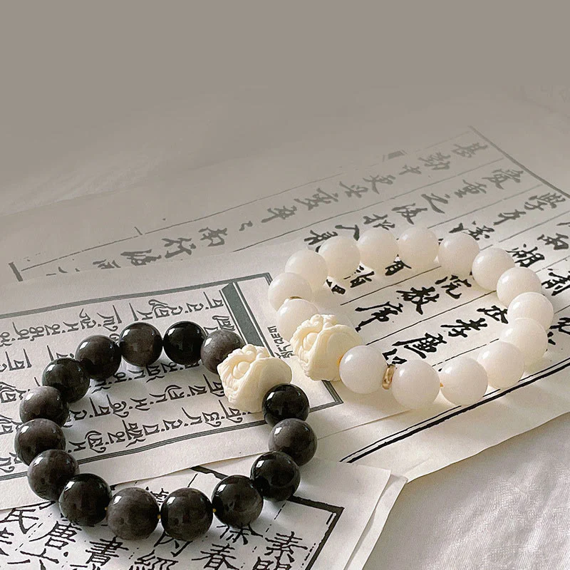 Braccialetto di protezione con leone danzante , Buddha Stones di avorio, seme di Bodhi, pietre di Buddha, argento lucido e ossidiana - Image 2