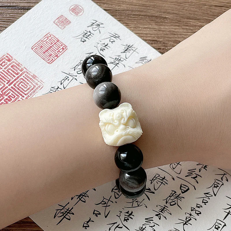 Braccialetto di protezione con leone danzante , Buddha Stones di avorio, seme di Bodhi, pietre di Buddha, argento lucido e ossidiana - Image 5