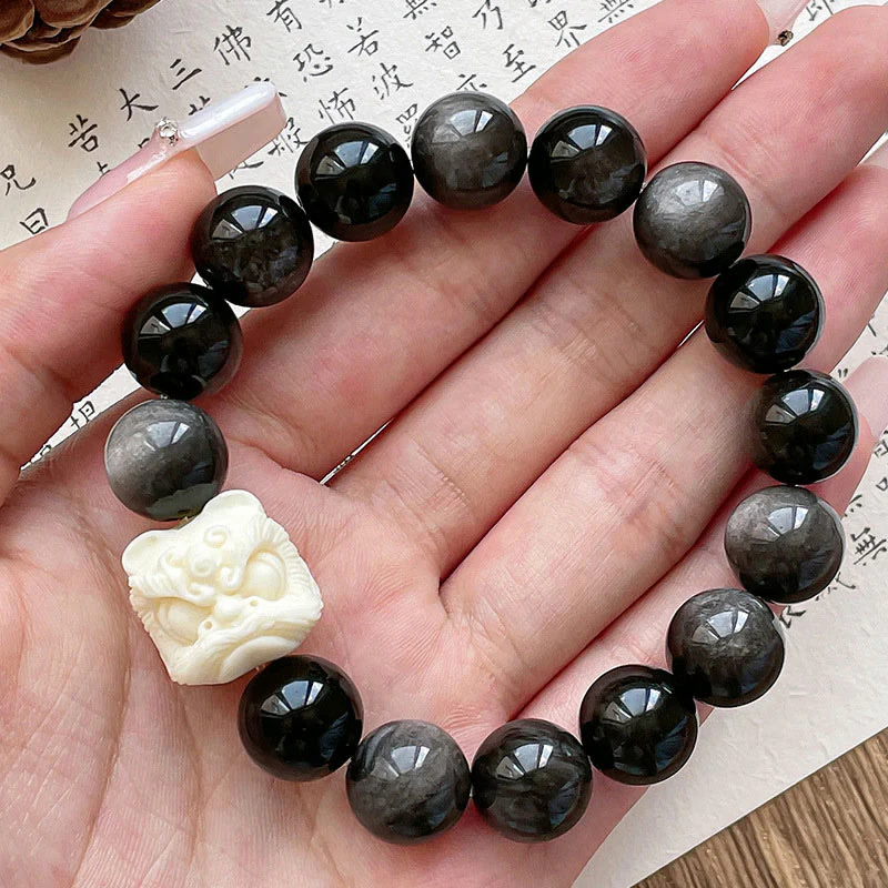 Braccialetto di protezione con leone danzante , Buddha Stones di avorio, seme di Bodhi, pietre di Buddha, argento lucido e ossidiana - Image 6