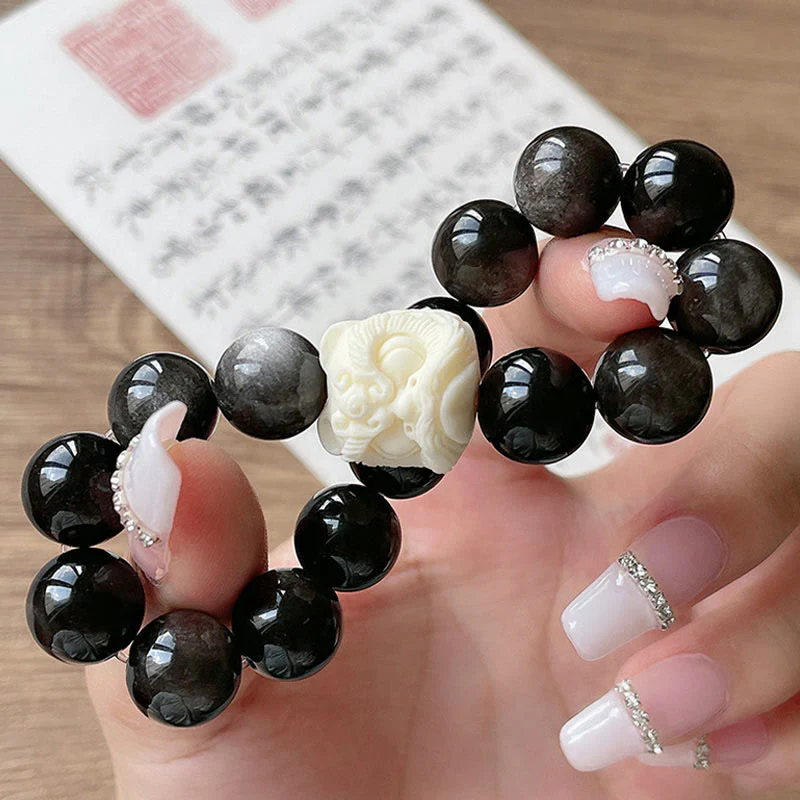 Braccialetto di protezione con leone danzante , Buddha Stones di avorio, seme di Bodhi, pietre di Buddha, argento lucido e ossidiana - Image 8