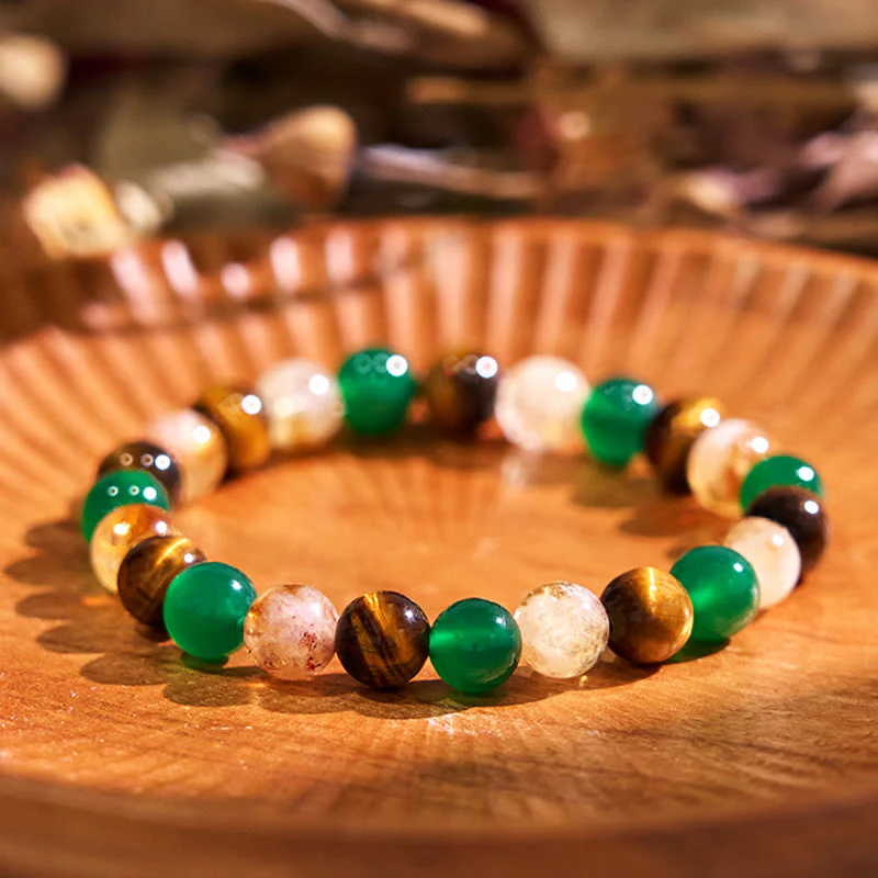Braccialetto di protezione con perline abbinate in agata verde, occhio di tigre naturale, citrino e Buddha Stones