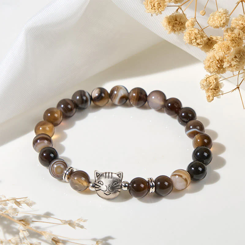 Braccialetto di stabilità con perline di agata marrone striata naturale a forma di gatto siamese color cioccolato Buddha Stones - Image 2
